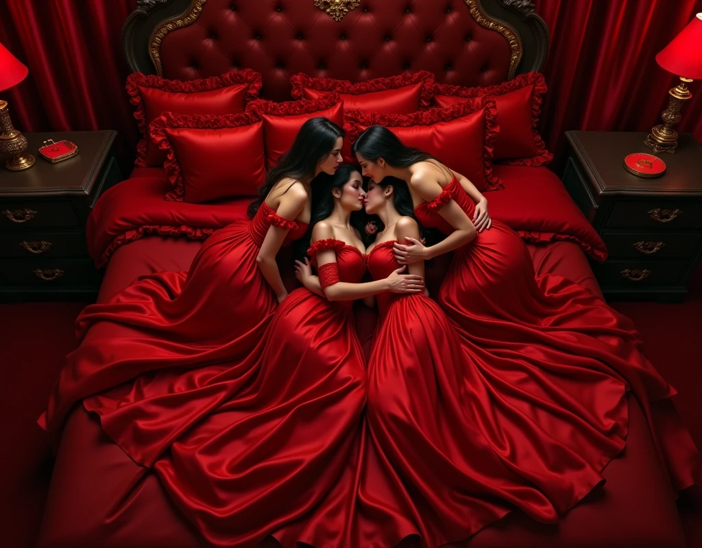 highest quality, masterpiece, highest resolution, artwork, super それにget used to it, many get used to it, get used to it, それにget used to it,(( top view angle shows red satin mattress)),love,romantic,four woman,four woman kissing each of their partners,((red satin elegant dresses)),red satin evening dresses, ((Gorgeous goddess rococo robe satin dress with voluminous full-length hoop skirt)),long sleeve,long dress,A dress with full silk fabric...,luxury,((Palace full red satin bedroom)),((huge satin bed)),Frilled silk red bedspread,many pillows on the bed,satin pillow with frills,((Four women kissed each other while lying wrapped in crimson satin dresses on the bed)),luxurious ruffled red curtains