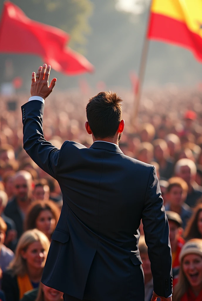 Messi is a political leader who is giving a blow in front of many people.