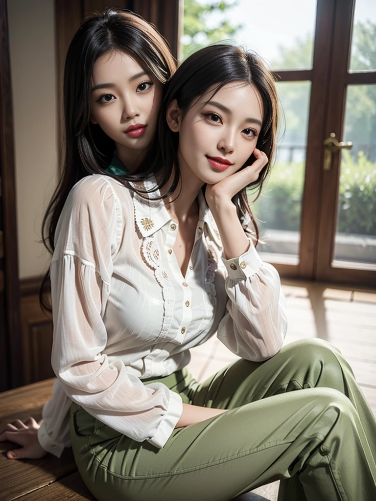 ((Very detailed)), (Highest quality), ((masterpiece)), ((Very exciting)), ((8k)), ((1080P)), ((Very clear)), ((Very sophisticated)),((Natural light)), ((Depth of written boundary)), ((Shine肌)), ((Shine)), ((Shine)), (3d)), ((Perfect Anatomy)), (Realistic skin texture), ((Detailed face description)), (((Perfect balance))), (((alone))), (()), (grinned)), (Slanted Eyes), (Sitting), (grinned), (blouse), (pants), ((Realistic Background)),