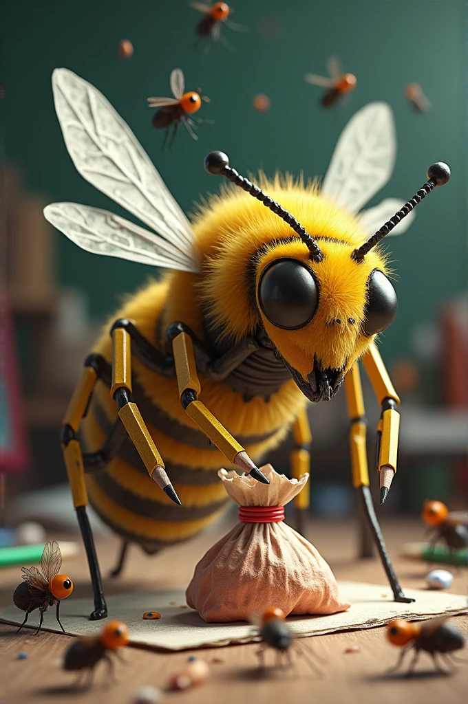 Bee made from school supplies defending a bag of candy from other insects 