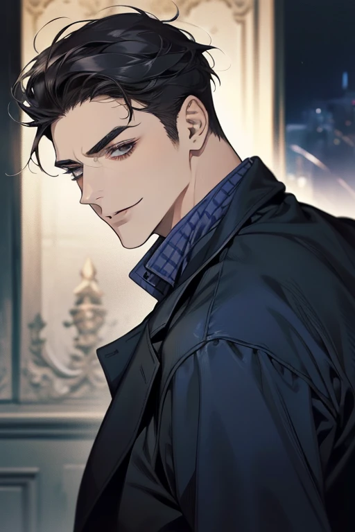masterpiece, best quality, realistic, 1man, mature male, quiet and charming mature man, 3, smirk and look on the side, closed mouth, portrait, extremely detailed face, smirk, (dark blue eyes), (short-side-swept sandy grey black hair)), [thick eyebrows], (detective clothing)