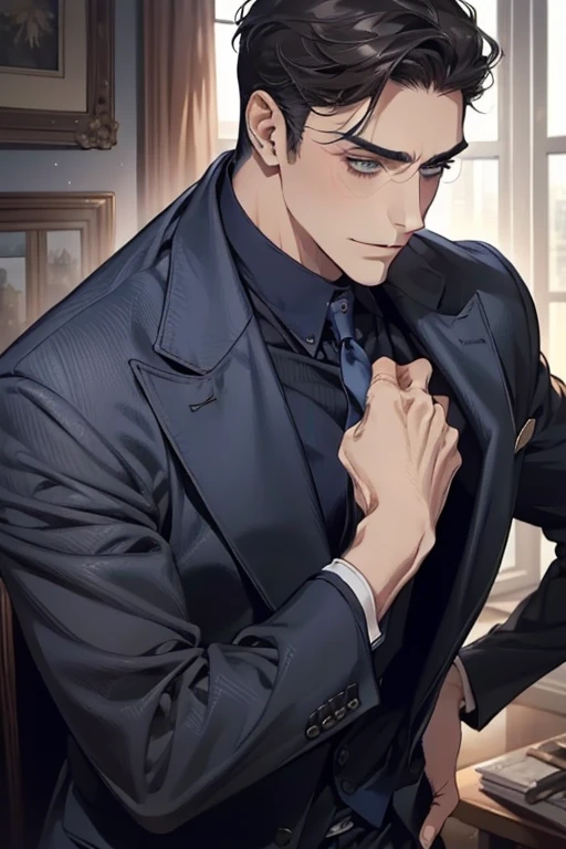 masterpiece, best quality, realistic, 1man, mature male, quiet and charming mature man, 3, smirk and look on the side, closed mouth, portrait, extremely detailed face, smirk, (dark blue eyes), (short-side-swept sandy grey black hair)), [thick eyebrows], (detective clothing)