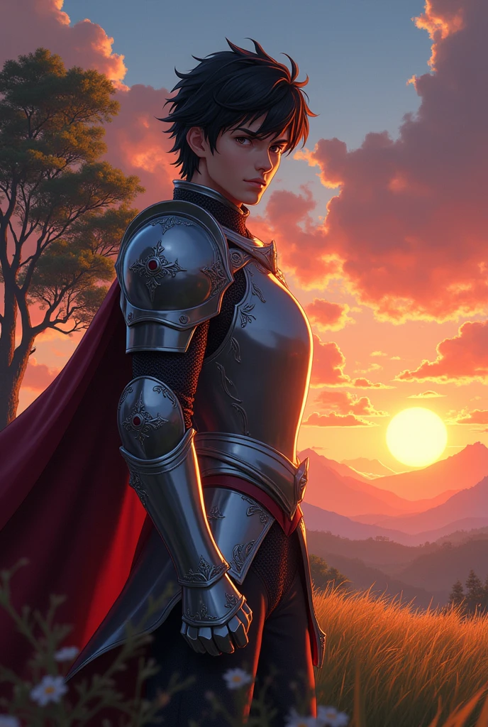 Anime. Handsome young knight with silver armor and black hair. Clive, sunset, tree