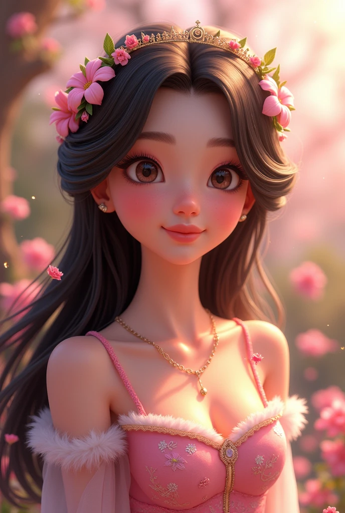 A beautiful princess, dark brown straight hair, with a beautiful landscape and flowers, all in pastel pink tones, everything that is animated