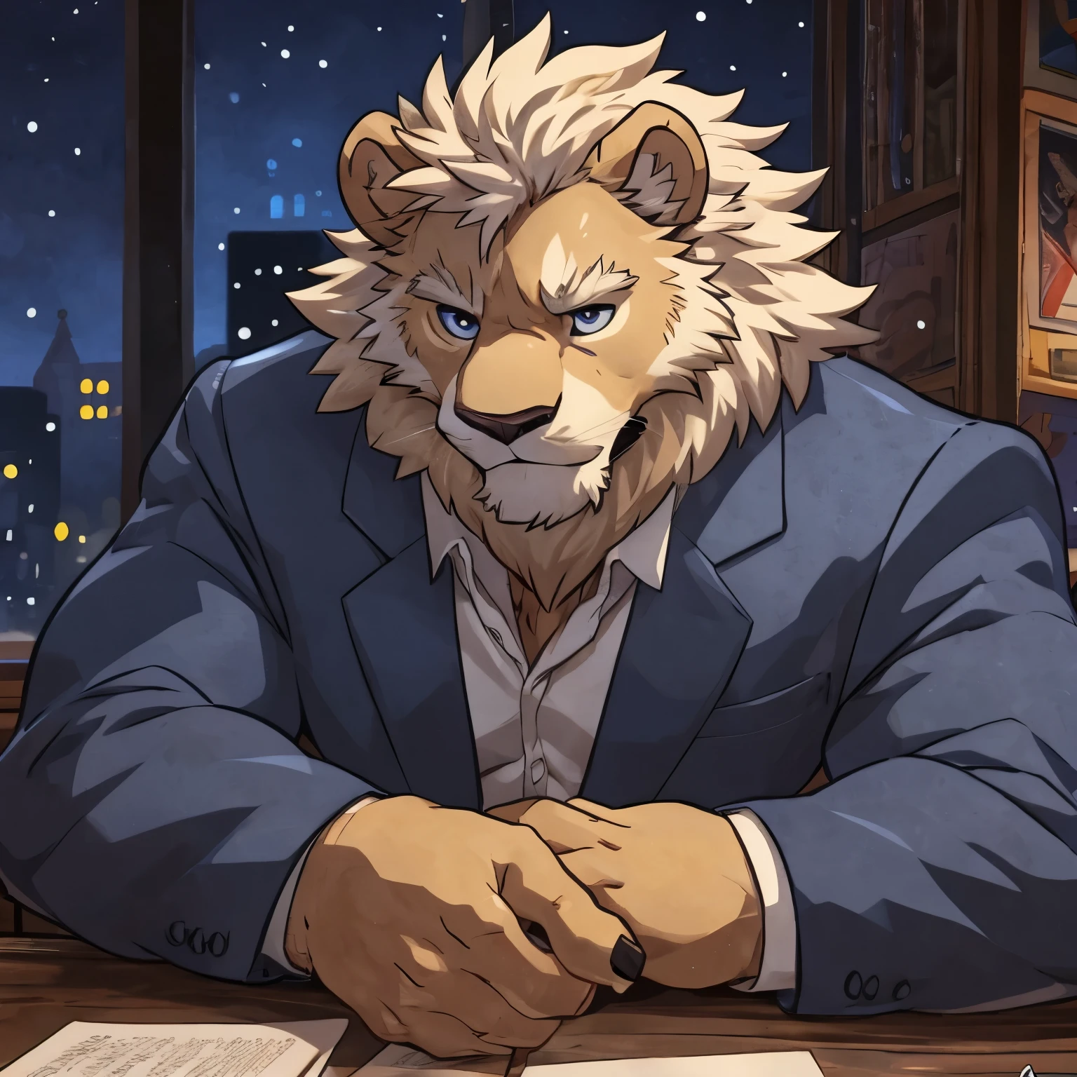 ultra detailed face, high details, anthro lion, named Vincent Frederick, ((white-grey lion)) 4k, high resolution, best quality, posted on e621, solo, anthro body, male, adult, masculine, , correct anatomy, (icon), (blurry background, out-of-focus background:1.2), (by takemoto arashi:1.0), (by wfa:1), (by Taran Fiddler:0.5), (by Bontiage), grandpa, (cel shaded, cartoony shading:1.2), moody expression, sad, thinking, detailed face, good eyes, normal eyes, normal hands, black lineart, black outline, flat coloring, (strong shadows, dark shadows:1.2), in a coffee shop, snowy night, (upperbody:1.4), center, wearing an old glasses, chilling, wearing white shirt, first person perspective.