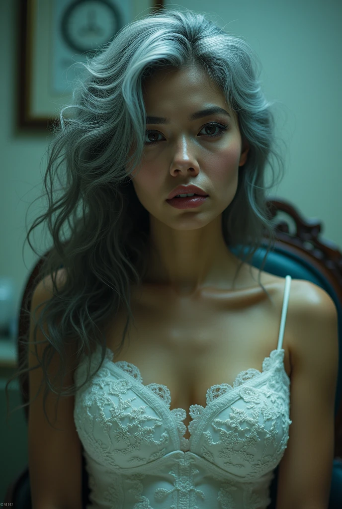A beautiful youthful looking her hair graying but still very sexy gray haired Filipino woman wearing a wedding dress now a prisoner of a evil scientist the male evil scientist her hair graying her long hair now graying she has a curly hair hairstyles hairstyle and she is aging because the male evil scientist standing next to her is given her a injection that is aging her up she looks like she is in pain and she screaming in pain and she is in a lab tied up to a chair