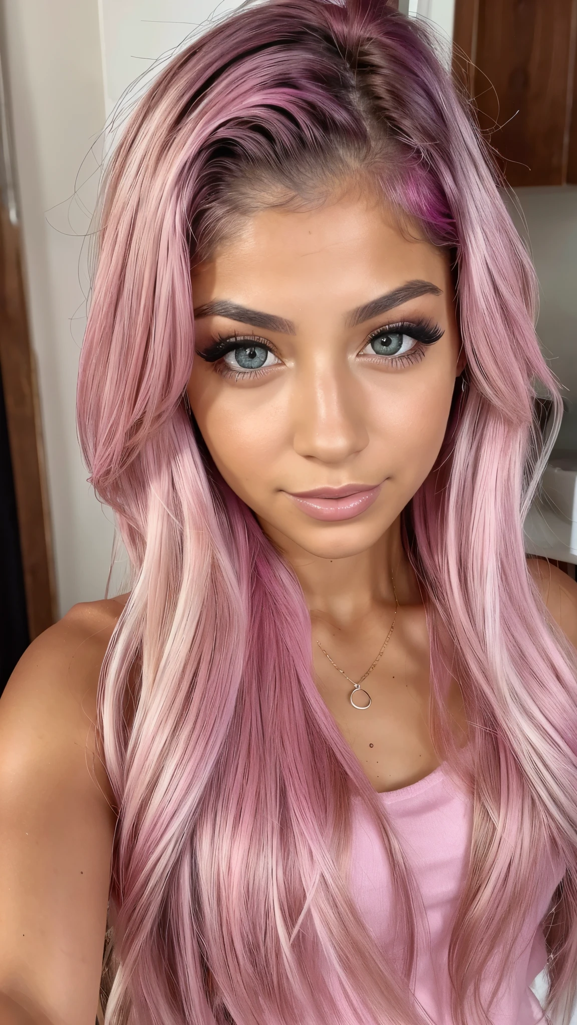 visage,mixed race woman, cheveux rose, magnifique ,very realistic, pink hair, yeux vert,long hair