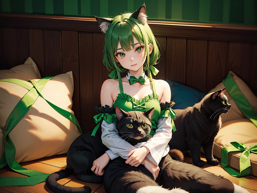 Cat with green ribbon