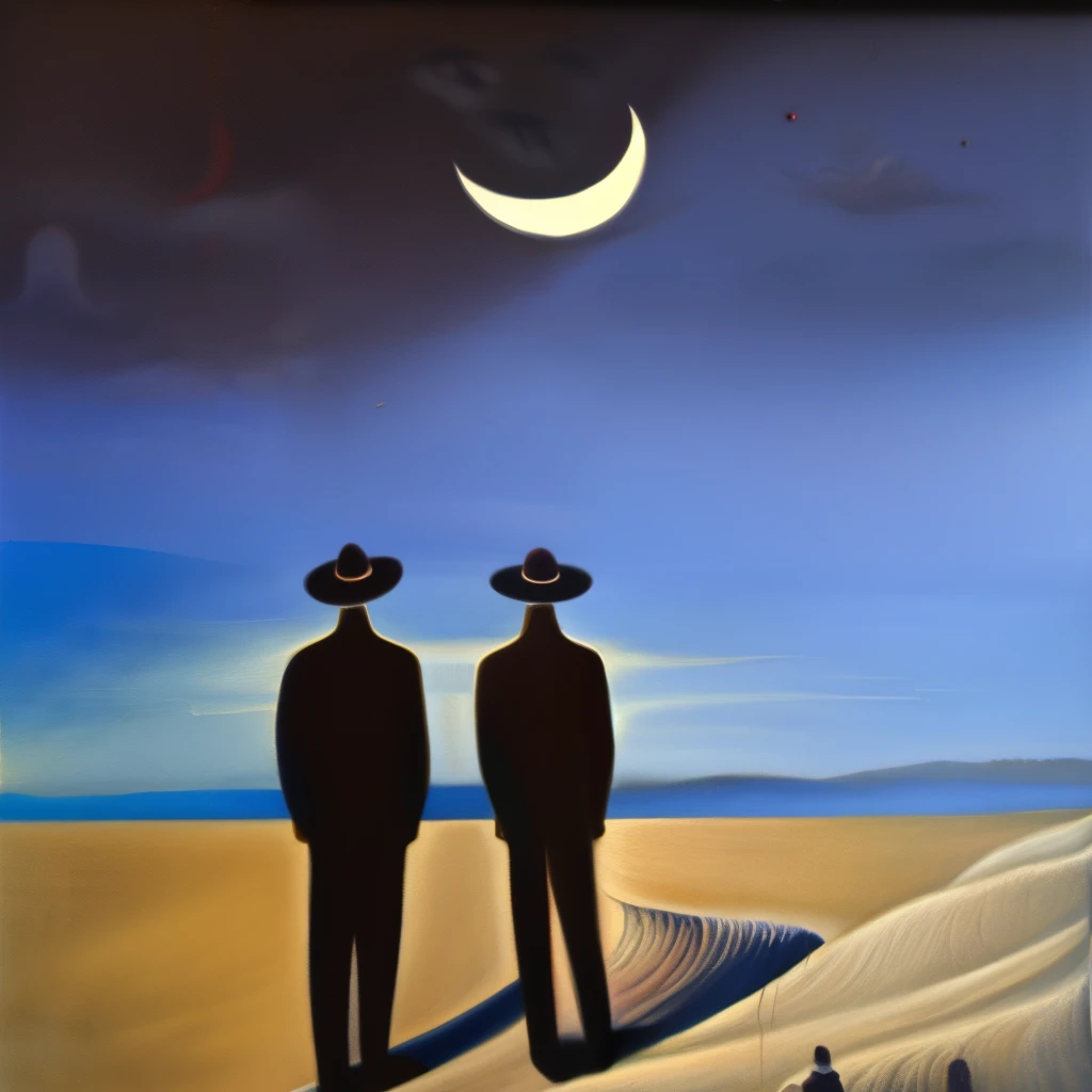 Painting of three men in hats and the moon in the sky