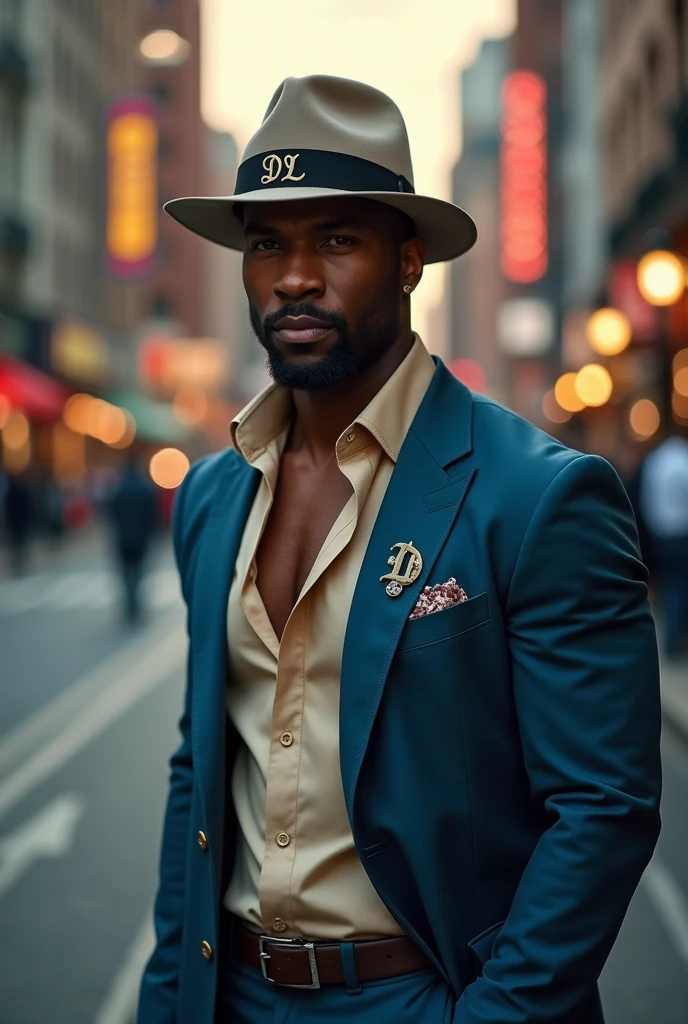 Forty year old black man, very elegant and sophisticated, strong athletic build, with a goatee,wearing a gangster fedora hat, from middle aba, open-chest linen shirt in sand color, tailoring suit, slim court italian, in baby blue color.
Italian loafer shoes in military green The initials DL are written on the hat band and the lapel of the blazer The image takes place at dusk on a busy street 