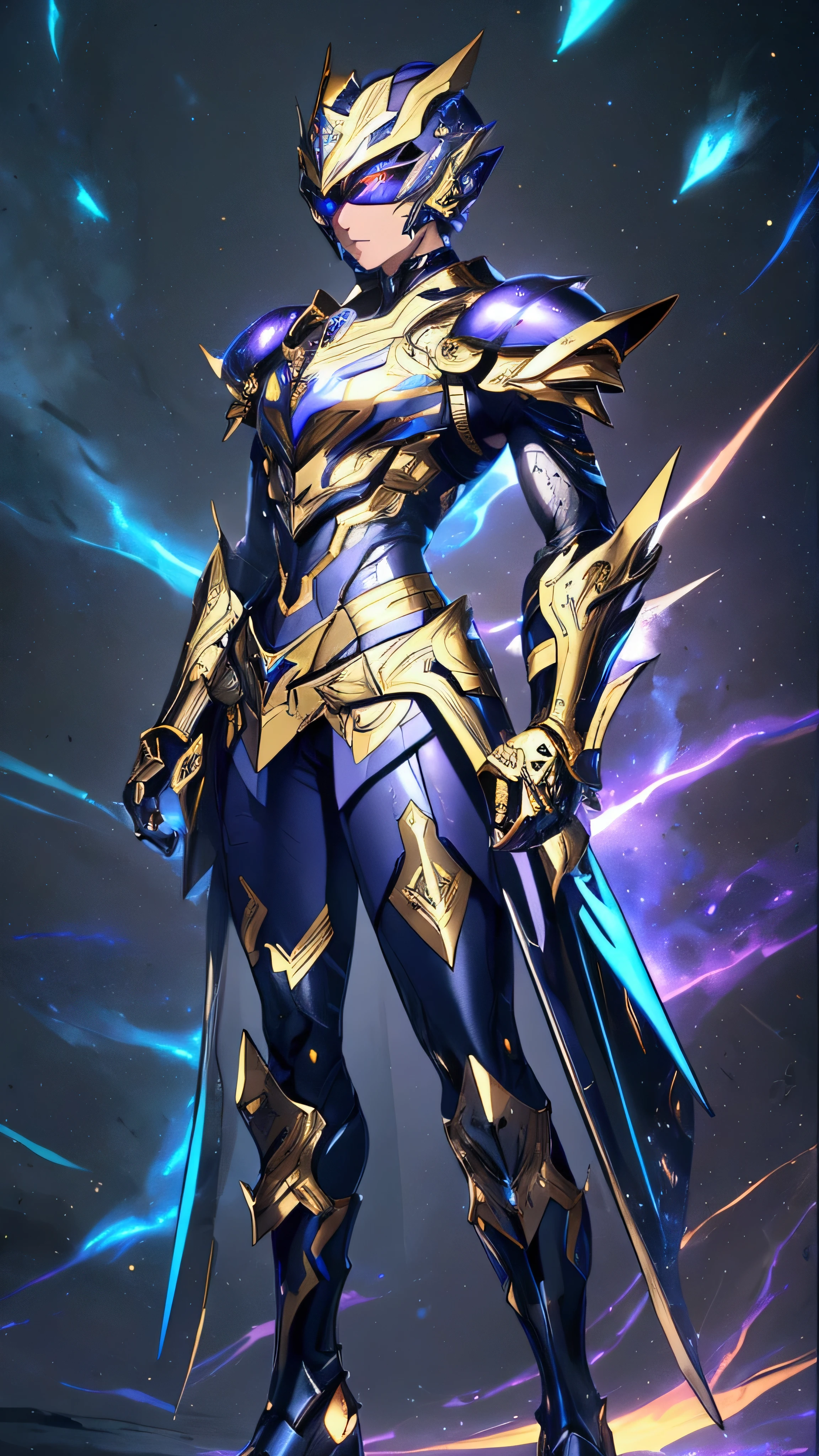 It's a man. The image presents a highly detailed and futuristic armor designed for a male warrior. The armor combines elements from different parts to create a cohesive and powerful look. Helmet: The helmet features a sleek, aerodynamic design with a golden metallic finish. It has a central crest that rises upwards, and the visor glows with a bright blue light, giving it a high-tech, futuristic appearance. Pauldrons (Shoulder Pads): The shoulder pads are designed to be close to the chest, with angular lines extending smoothly toward the shoulders. They have a polished golden finish and curve elegantly upward, creating a harmonious transition between the chest and shoulders, while providing a majestic and protective look. Chest Plate: The chest plate is intricately segmented, with a combination of gold and dark metallic blue. It has a gem-like crystal in the center that emits a soft, mystical glow. The design of the chest plate is both protective and regal, with sharp, angular lines that add to the overall futuristic aesthetic. Arm Guards: The arm guards are sleek and streamlined, with articulated golden and purple segments that offer flexibility and protection. The design of the gauntlets is both robust and elegant, incorporating futuristic elements that blend with the classic style. Leg Armor: The legs are armored with segmented plates that are primarily gold and purple. The boots are angular and sturdy, with a design that conveys both strength and agility. The overall look of the leg armor is grounded yet sleek, completing the ensemble with a powerful stance. The background of the image is a dark cosmic scene, filled with distant stars and nebulae that highlight the polished surfaces of the armor. Dynamic lighting is used to emphasize the key features, particularly the glowing visor and central chest gem, reinforcing the mystical and imposing nature of the warrior.