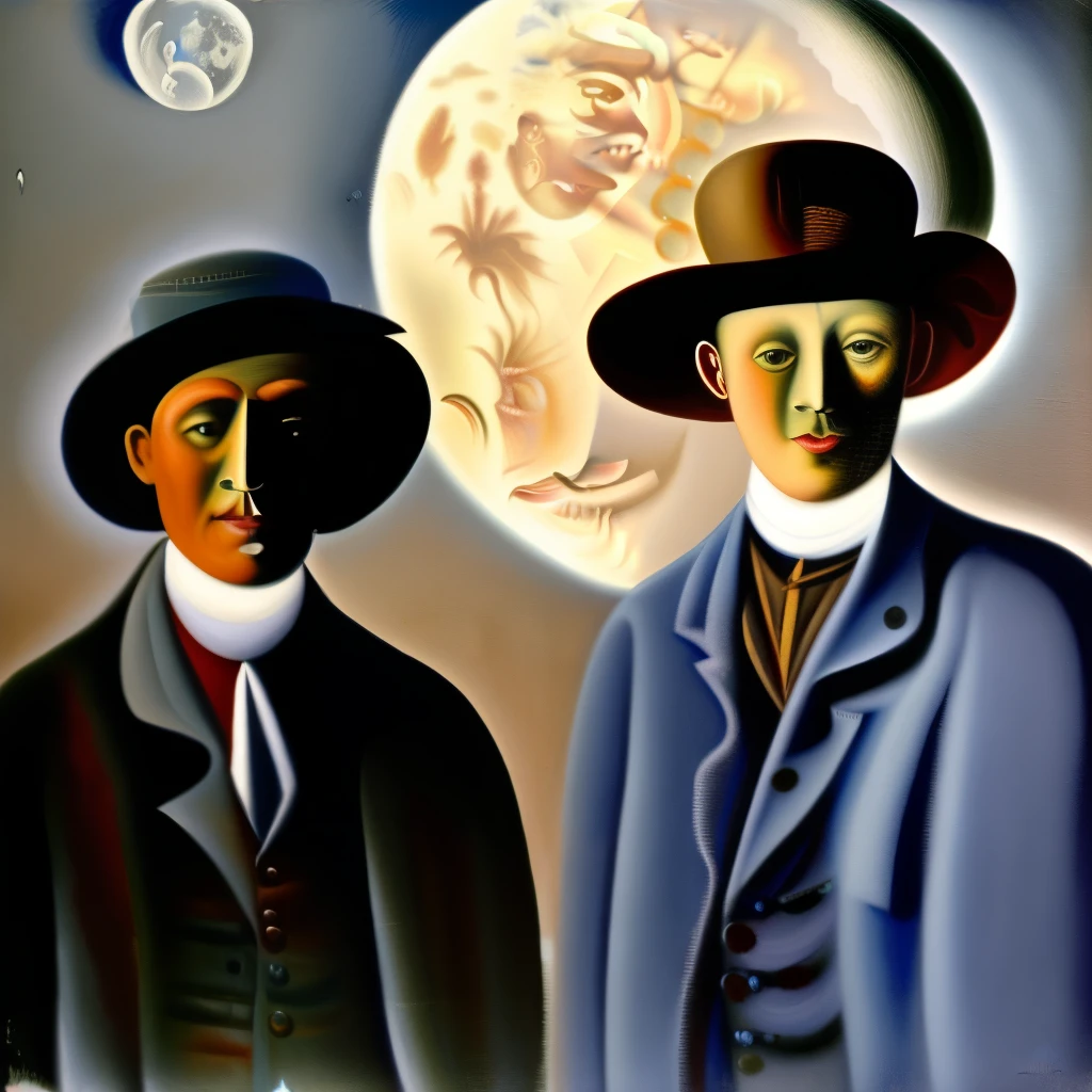 Painting of three men in hats and the moon in the sky