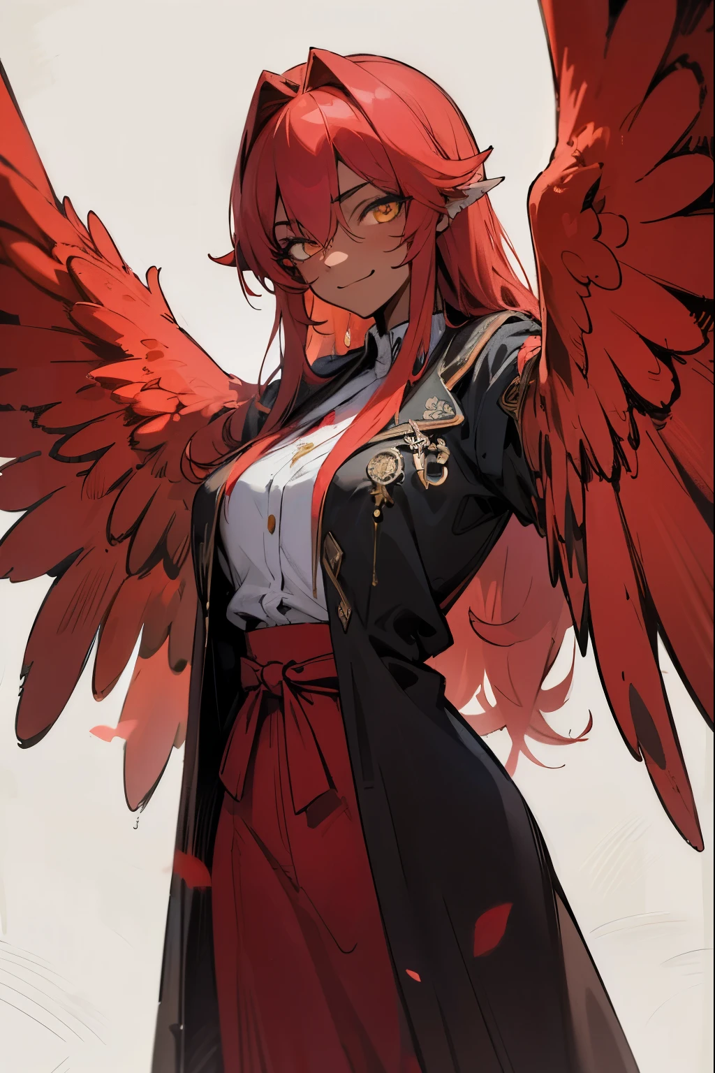 master masterpiece, 4k, highly detailed, subsurface scattering, (beautiful detailed eyes:1.6), extremely detailed face, mature woman, harpy, wings, wings arms, red feathers, aru_bluearchive, long hair, red hair, neon yellow eyes, yellow eyes, black overcoat clothes, dark skin, sadistic smile, sadistisc, Clear focus, clear backgronud, simple background, hard lighting, vivid colour