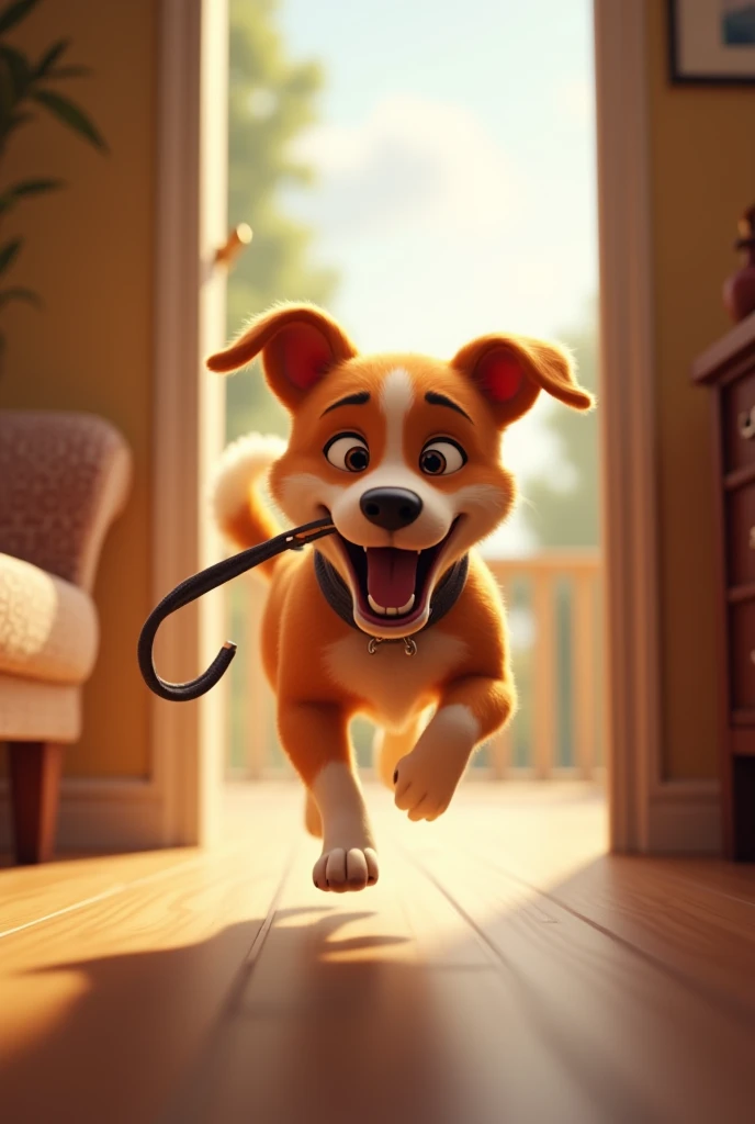 Max running towards the door with the leash in his mouth]**