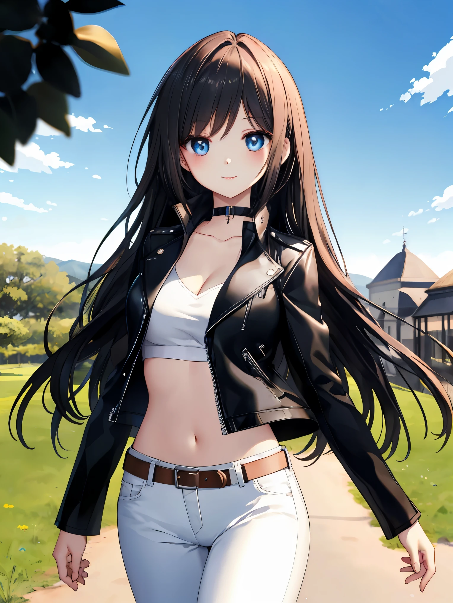 (A superb exquisite girl, 8k ultra HD), Ultra high resolution, (masterpiece:1.2), (best quality, finely detailed beautiful eyes), extremely delicate, (shoot from front), cowboy shot, (no hat:1.3), solo, real light and shadow, a girl, beautiful face, large and beautiful breasts, Blue eyes, eyes in highlight, catch light eyes, specular highlight eyes, collarbone, BREAK (long hair, black hair), leather jacket, white bandeau top, Low-rise leather pants, belt, BREAK collarbone, shy smile, blush, (standing, outdoors, Blue sky, good outlook, large school ground), put hand hip, choker,