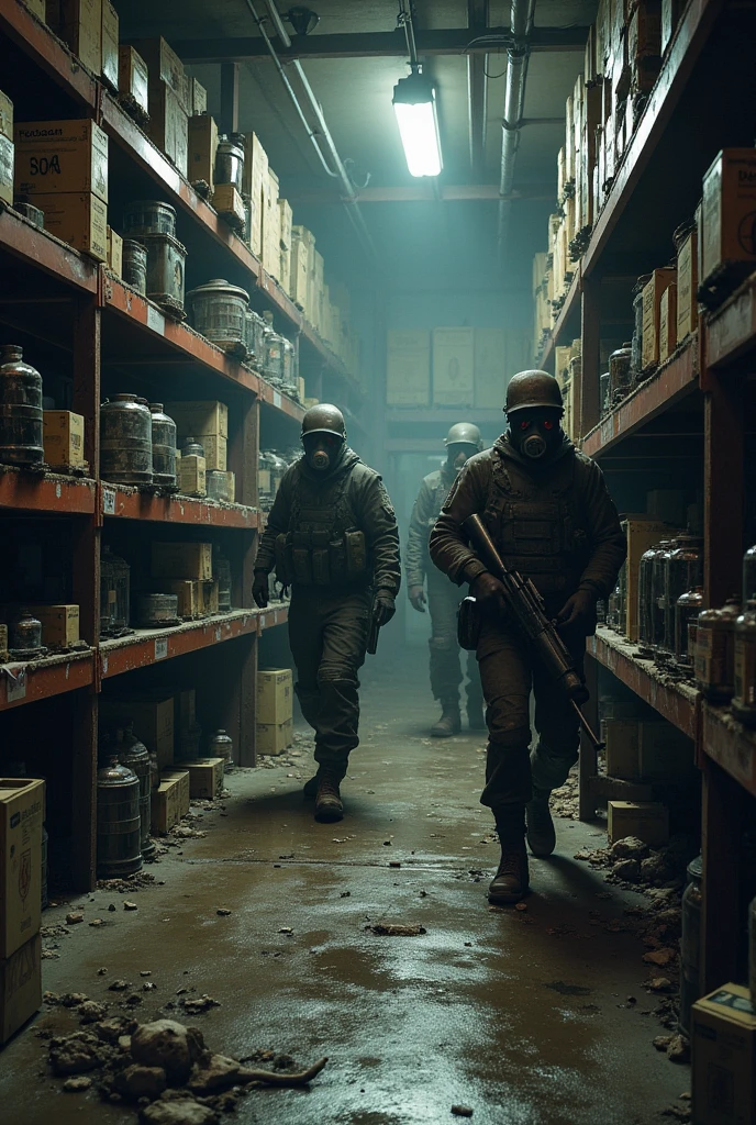 PapQred post-apocalyptic firearms and gas mask warehouse under a bunker