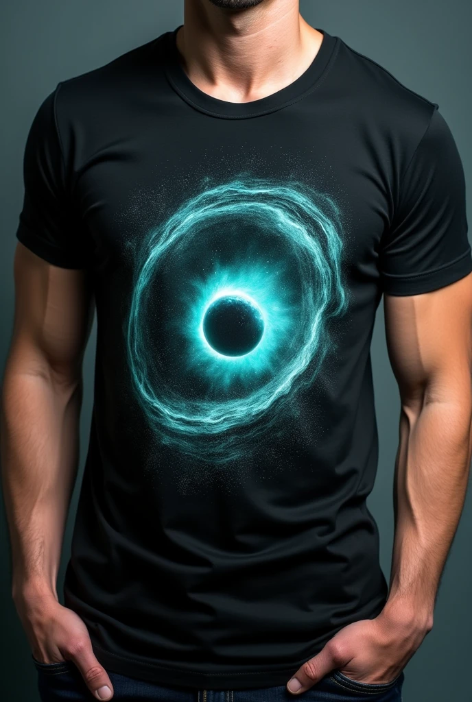 Black T-shirt with light turquoise details and a binary system