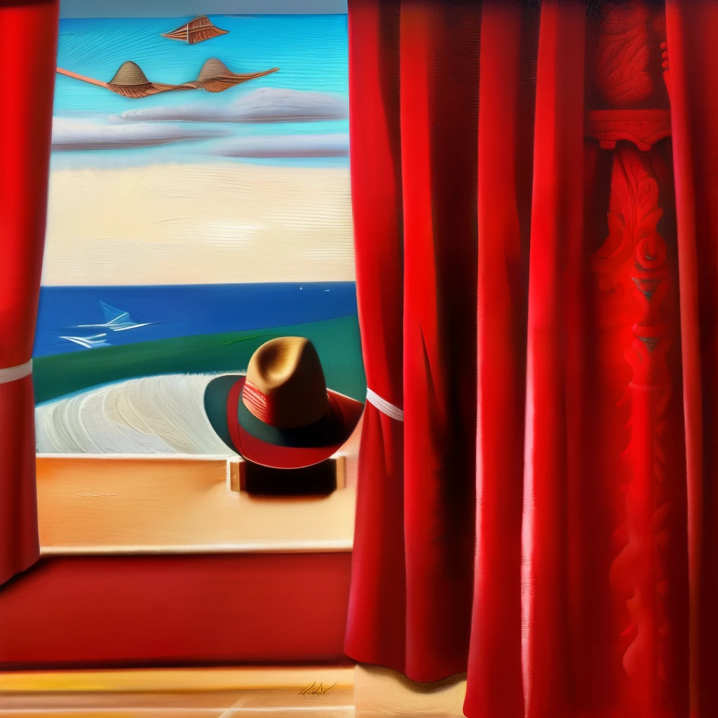 Painting of a red curtain with a view of the sea、a man in a hat