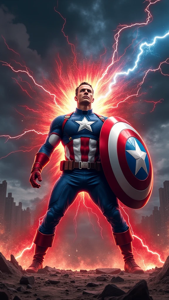 Depict Captain America in a powerful, dramatic scene where a fragment of the Reality Stone fuses with his iconic shield. The image should capture the moment of fusion with intense energy radiating from the point of contact between the stone and the shield. The Reality Stone, glowing with a vibrant and ominous red light, should be merging into the center of the shield, causing red and blue energy to swirl and intertwine around it. Captain America stands at the center of the scene, his expression a mix of determination and awe as he grips the shield tightly. His stance is strong and grounded, as if bracing against the surge of power. The background features a stormy sky, dark clouds swirling with flashes of lightning, reflecting the turmoil of the transformation. The ground beneath him cracks and splinters, with debris being pushed outward by the force of the energy. The shield itself should be illuminated with a glowing aura, and the red from the stone should contrast sharply with the