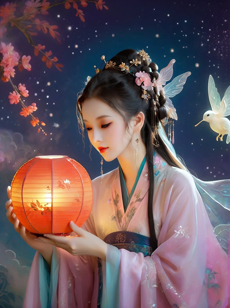 Dunhuang art style，Extremely long-distance lens, Surreal space，abstract，Mid-Autumn Festival，Ancient mythology，Hanfu，1个身穿Hanfu的可爱女孩，(Chang'e fairy:1.6)，Beautiful girl，Perfect face，Pampering beauty，Wearing traditional silk clothing，Silk clothing looks soft and warm in the moonlight，((sweet and delicious giant round mooncakes))，Fluffy love heart，Fluffy clouds，Star，Beautiful moon，(White rabbit)，(Laurel:1.5)，(Osmanthus fragrans:1.5)，Zen style，Shine under the stars，Interweaving of light and shadow，Ancient White，epic，Extremely delicate brushstrokes，reality，DJI Shooting，In a dream，A vibrant and fun way to set the stage，Blue, purple and pink tones，Bright，Art Illustration，Ultra HD，masterpiece，Precision，The human body is structurally correct，Textured Skin，Ultra Detail，8k
