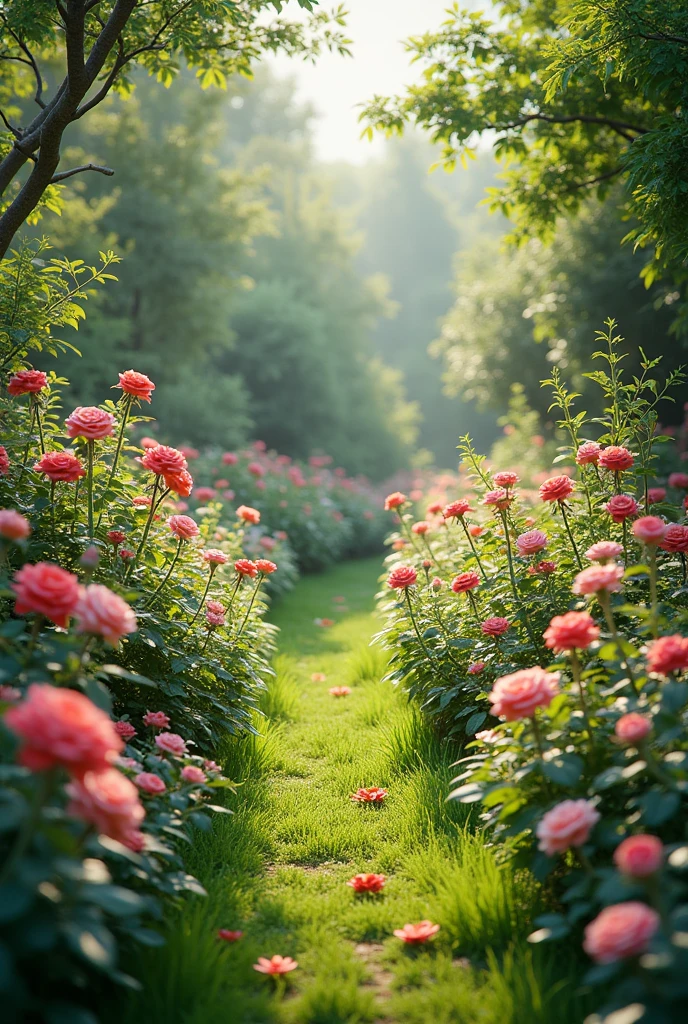 A large garden with plants and leaves, various flowers and roses, in the spring season, 
