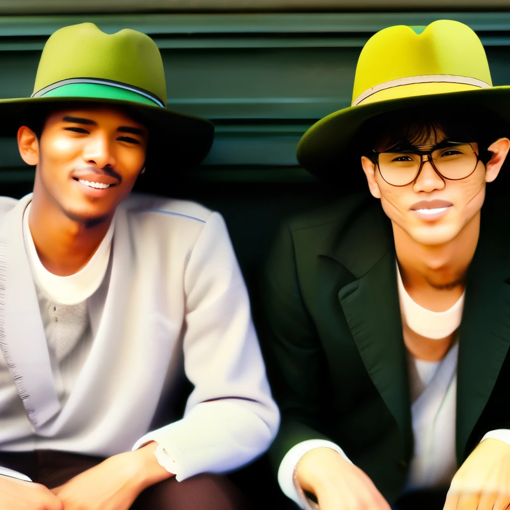 Three men wearing hats、green apple