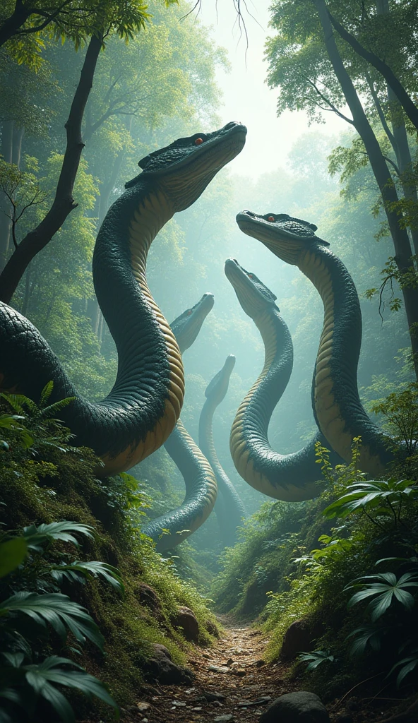 ((best quality)), ((masterpiece)), (detailed), many giant snakes are moving on a mountain forest, the forest is smaller than the giant snakes, the heads of the moving snakes look up at the sky