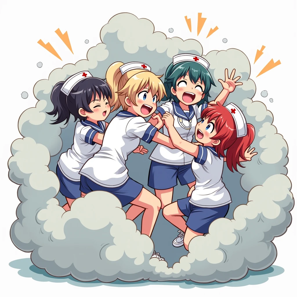 An anime-style illustration depicting many nurses playfully wrestling with each other inside a light gray comical fight cloud (dust cloud).
each nurse has different  colored hair.
their faces,hands,and feet are visible emerging from the cloud as they tussle humorously,  with the rest of their bodies completely hidden inside the cloud.
the illustration emphasizes the humorous and energetic nature of their scuffle,with a fluffy  and exaggerated fight cloud.