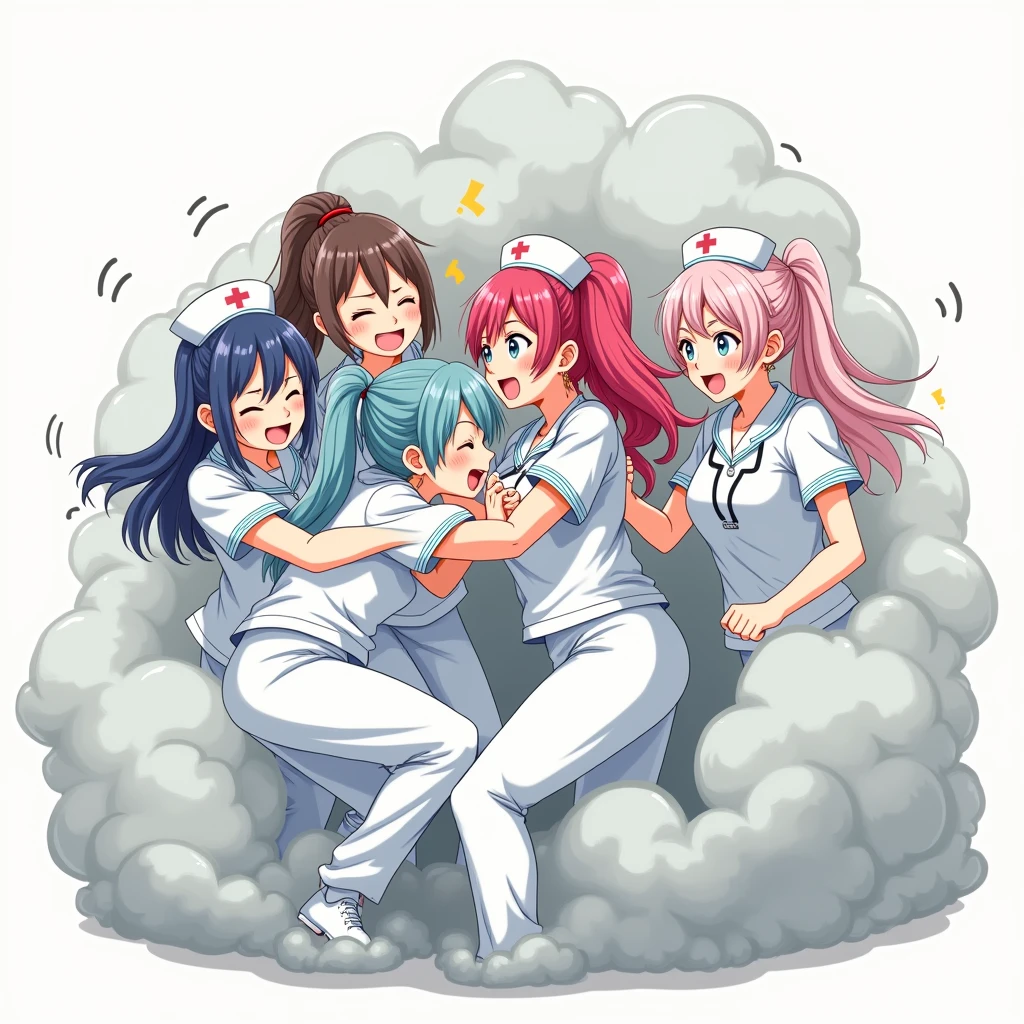 An anime-style illustration depicting many nurses playfully wrestling with each other inside a light gray comical fight cloud (dust cloud).
each nurse has different colored hair.
their faces,hands,and feet are visible emerging from the cloud as they tussle humorously, with the rest of their bodies completely hidden inside the cloud.
the illustration emphasizes the humorous and energetic nature of their scuffle,with a fluffy and exaggerated fight cloud.