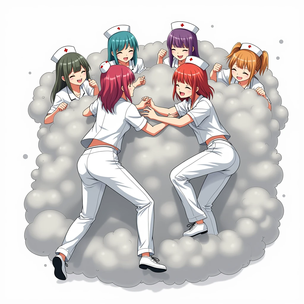 An anime-style illustration depicting many nurses playfully wrestling with each other inside a light gray comical fight cloud (dust cloud).
each nurse has different  colored hair.
their faces,hands,and feet are visible emerging from the cloud as they tussle humorously,  with the rest of their bodies completely hidden inside the cloud.
the illustration emphasizes the humorous and energetic nature of their scuffle,with a fluffy  and exaggerated fight cloud.