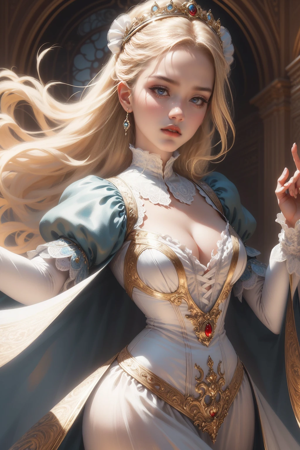 (Masterpiece - Ultra-detailed, very high resolution) Prepare to be enchanted by a true masterpiece that combines ultra-detailed art with high-resolution rendering. This work depicts a mesmerizing woman with very long blond hair (1.3) and captivating light blue eyes (1.2), emanating an aura of elegance and mystery in Victorian settings. The intricate details and realistic textures invite you to explore every aspect of this enchanting composition. Woman wearing beautiful classic Victorian costume from the year 1878. Red lips. Happy face. Smiling. white dress. Dancing lightly, upper body, dynamic poses. Get ready to dive into a world where beauty and craftsmanship merge perfectly.