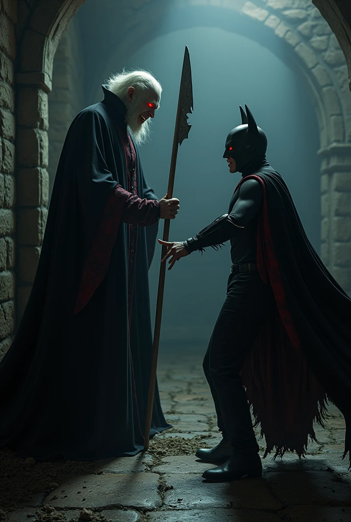 a vampire pointing a wooden stake at a man dressed as a bat with his arms in the air