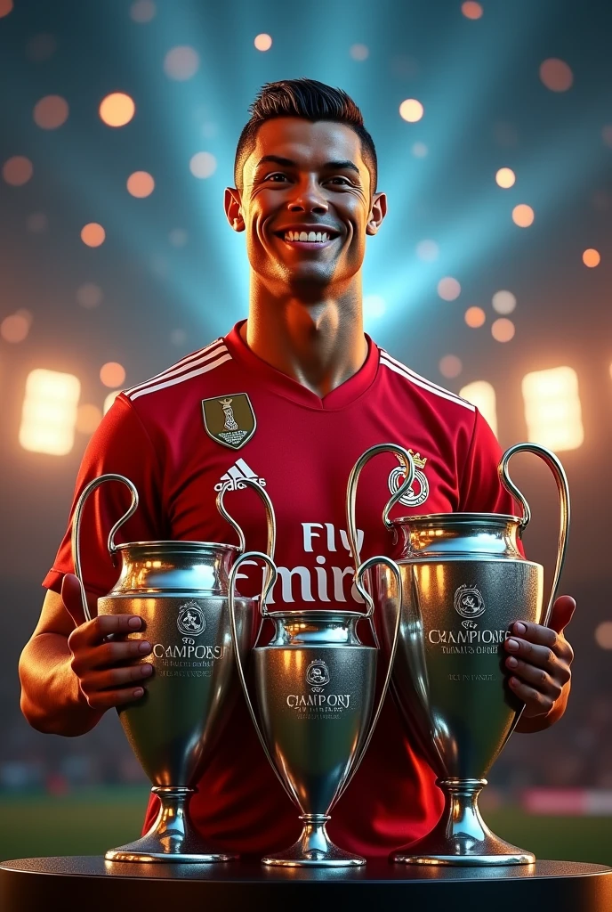 Ronaldo and his Trophies** :
"Cristiano Ronaldo posant fièrement avec plusieurs trophies de la Ligue des Champions, un grand smile sur le visage. The lights shine around him, créant une atmosphère de victory. Keywords : Cristiano Ronaldo, trophies, victory, smile, prestige."