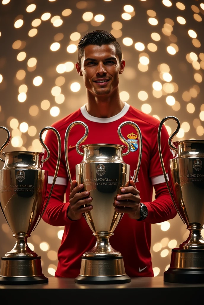 Ronaldo and his Trophies** :
   "Cristiano Ronaldo posant fièrement avec plusieurs trophies de la Ligue des Champions, un grand smile sur le visage. The lights shine around him, créant une atmosphère de victory. Keywords : Cristiano Ronaldo, trophies, victory, smile, prestige."

