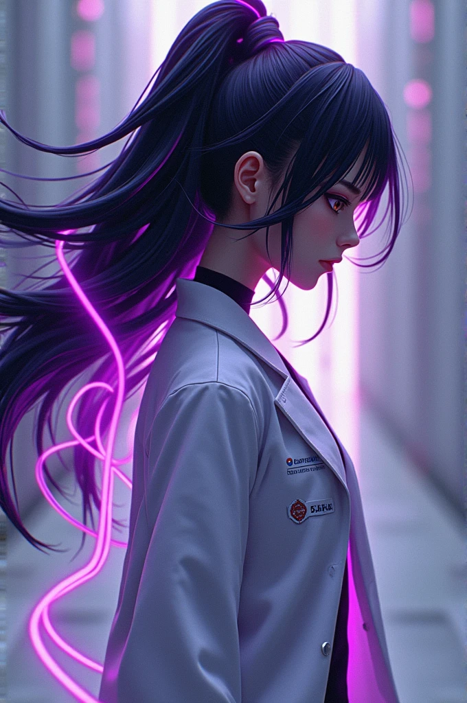 Naruto style character, blackquality hair, white medical coat surrounded by purple technological lines, above all