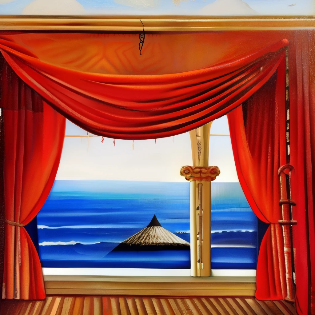 Painting of a red curtain with a view of the sea、Man in hat stands