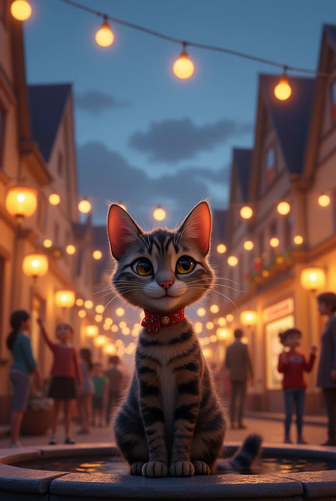 Year: 2024
Environment: A picturesque town square with a large fountain in the center, surrounded by historic buildings. The square is decorated with strings of lights and hanging lanterns, creating a magical ambiance. People are gathered around, chatting, laughing, and enjoying the moment. The scene is set in the evening, with the sky turning a deep blue and the first stars appearing.
Whiskers' Appearance: Whiskers, the small, かわいい-born tabby cat, is sitting on the edge of the fountain, his dark brown and black striped fur glowing softly in the light of the lanterns. His yellow eyes reflect the warm light, showing his happiness. He’s wearing a small, elegant ribbon around his neck, a symbol of appreciation from the community. Whiskers is looking around at the people with a satisfied smile, his tail wrapped neatly around his paws. Nearby, children are giggling and pointing at Whiskers, and adults are raising their glasses in a toast.
Image Mode: Pixar style, capturing the cozy, enchanting feel of a town square at dusk. The scene is filled with soft, warm colors and gentle lighting, highlighting the detailed textures of the buildings, the fountain, and Whiskers’ fur. The camera angle is slightly elevated, looking down at Whiskers and the fountain, capturing the joy and togetherness of the moment. 8k resolution, full frame.