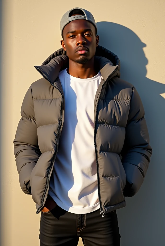best qualityer:1.4), (ultra high resolution:1.2), (photorrealistic:1.4), (8k, CRU photo:1.2), 1 young black man, 20 years old. he is wearing a white shirt, gray puffer coat on top. He is wearing black jeans. Corte de cabelo buzzcut. He's wearing a gray cap backwards. He's leaning against a wall. Corte de cabelo buzzcut. thin build. It's not blurry in the background. thin build. thin build. has 1.75 tall. There is a sun . best qualityer:1.4), (ultra high resolution:1.2), (photorrealistic:1.4), (8k, CRU photo:1.2), 1.75 tall. The camera focuses on the face.