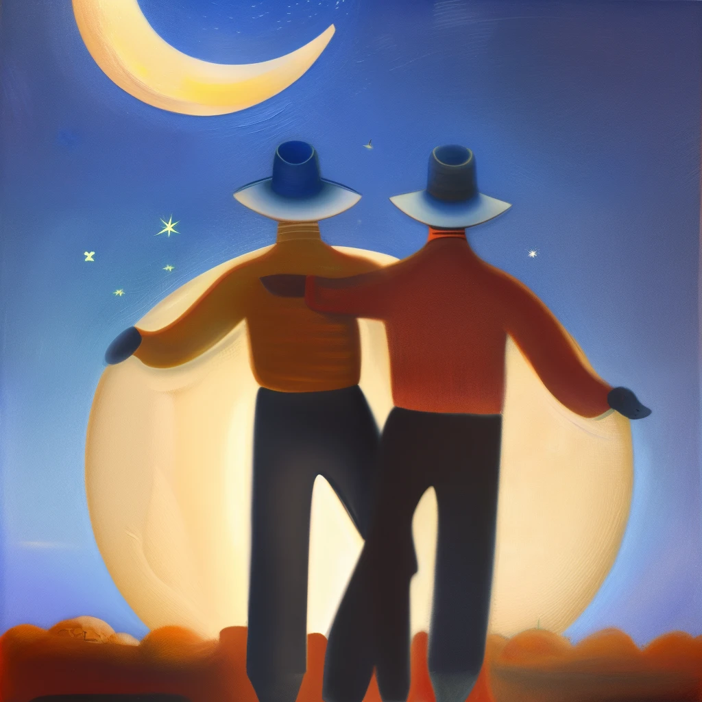 Painting of three men in hats and the moon in the sky