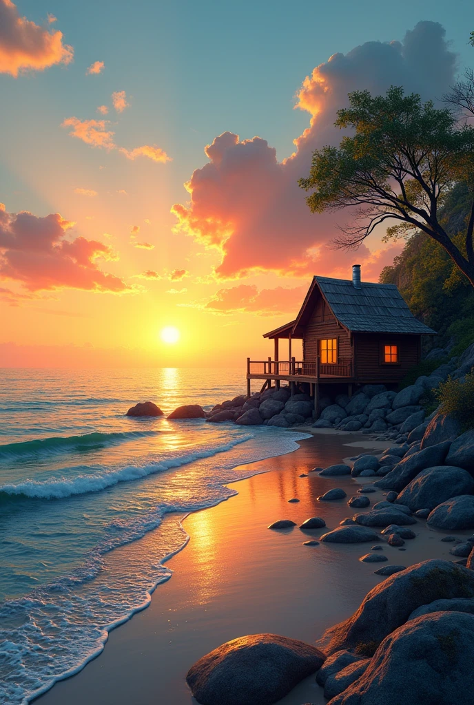 A beautiful sunset at sea with a nice cabin. 