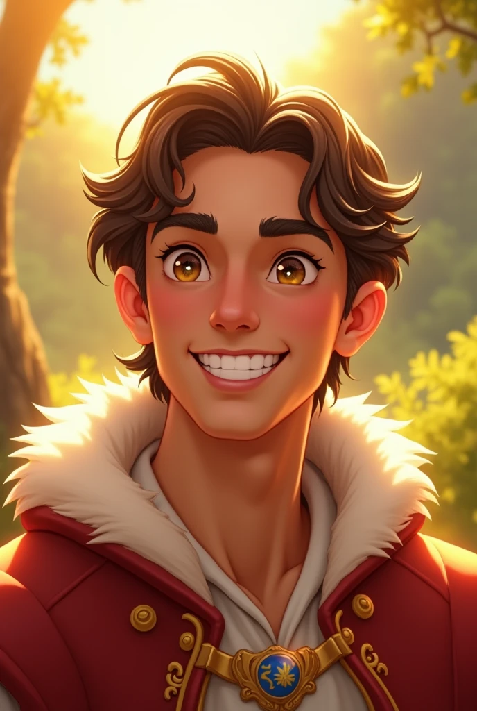 man prince, happy smile teeth, brown hair, golden eyes, Sun