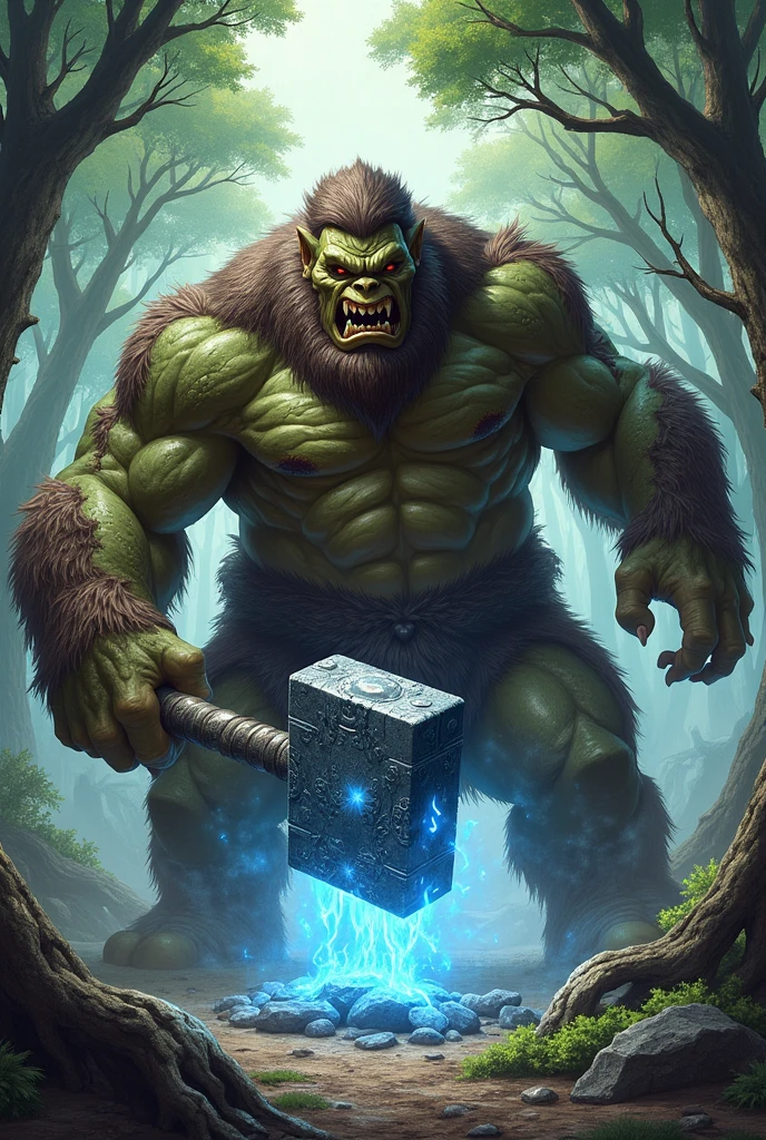 there is a painting of a big troll with a hammer in his hand, bugbear, bugbear ranger, raging bugbear, epic full color illustration, grog strongjaw, fur-clad barbarian goliat, tyler edlin fantasy art, troll, humblewood art style, high fantasy illustration, druid warrior, amazingly detailed d & d art,arc ,hache as deux main ,énergie bleu