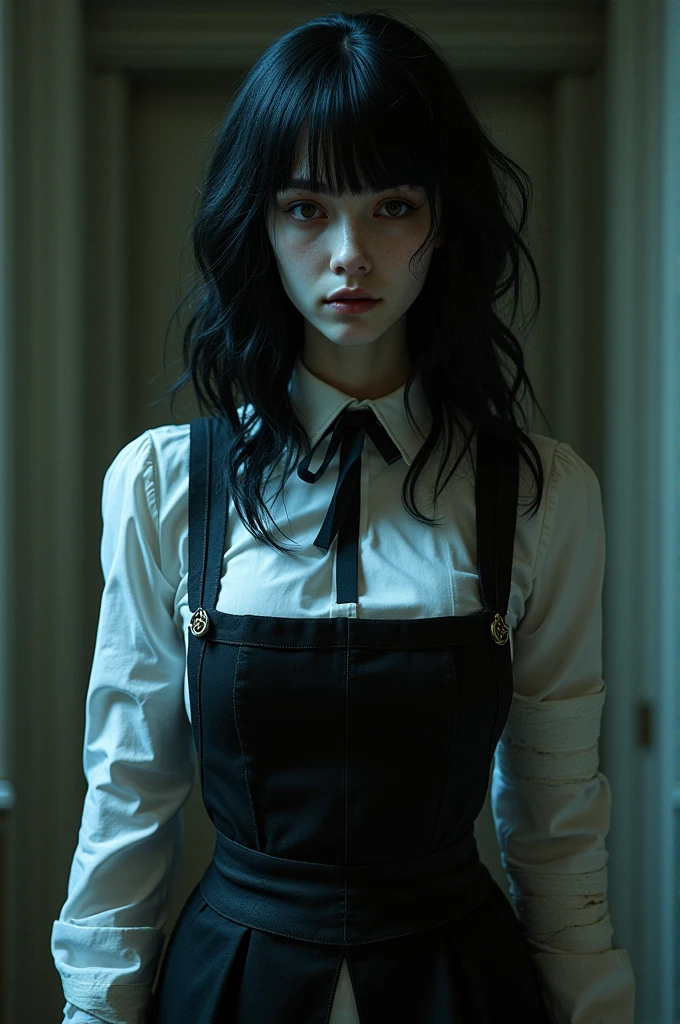 dark techno,cyberpunk,((masterpiece, Highest quality)), (1 person), (Lonely), (woman'Focus of), night (Chainsaw Man),(Extremely rich facial detail, Real image, Realistic white skin, Realistic body, Intricate details), Upper Body, Severe , Brown eyes, Looking at the audience, bandage over the body, Black Hair, Long sleeve shirt, Apron dress, Black tie, bandage, bandage, Small breasts