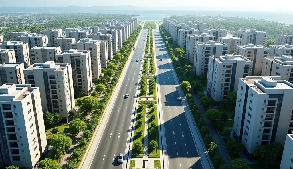 Aerial view of a symmetrical coastal city with a central boulevard lined with palm trees and green spaces. The boulevard is flanked by two wide multi-lane streets., Each is bordered by high-rise residential and office buildings, 120 metres high and 33 stories high.. The buildings vary in color and style., Some have flat roofs and others have sloping roofs.. The city stretches out towards the horizon and in the distance lies a park. Crosswalks and intersections are visible, which indicates a well-planned urban infrastructure. The overall scene is bright and clear, which suggests a sunny day.