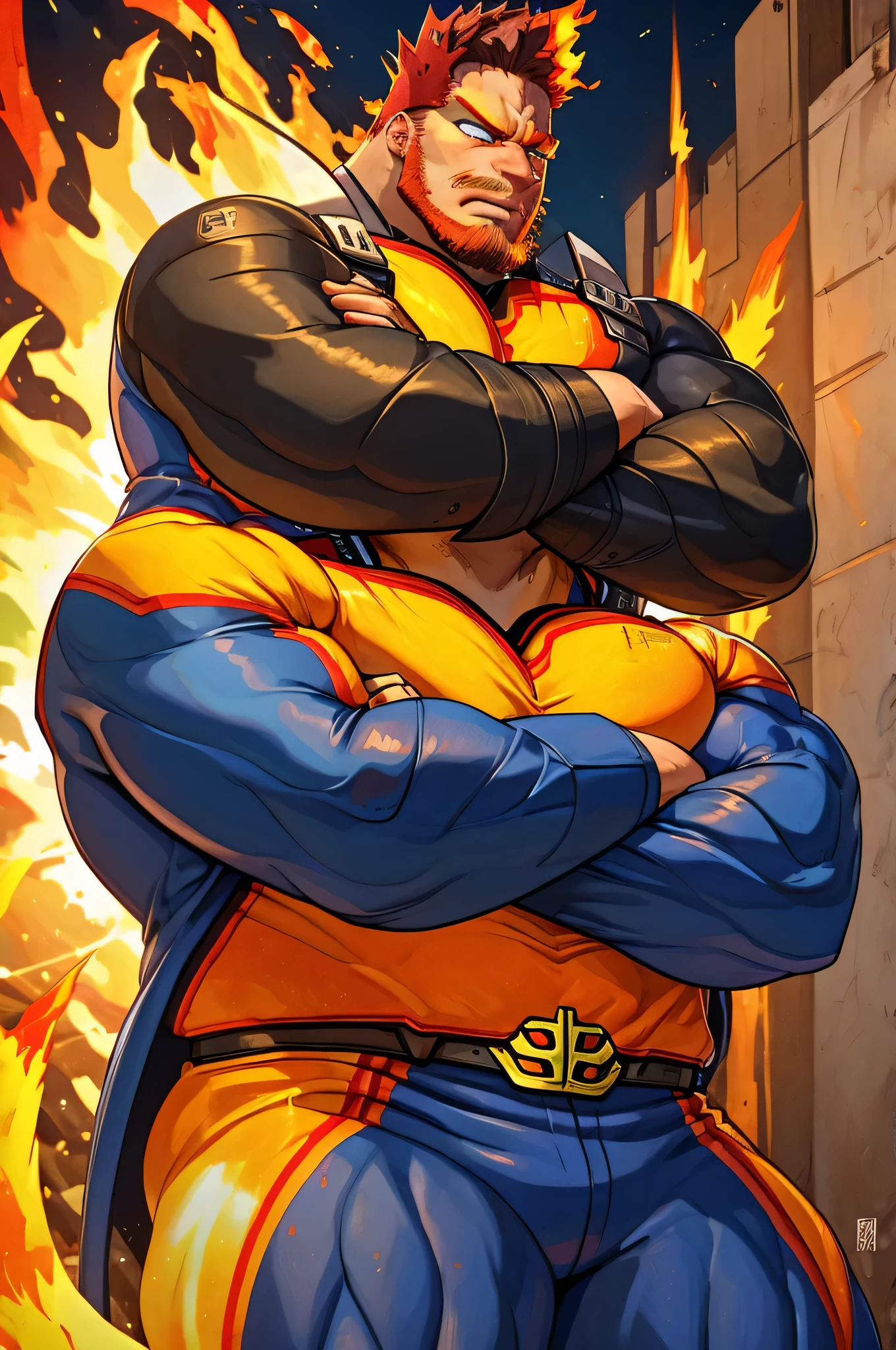 (masterpiece, best quality:1.2) solo, male focus, 1boy, endeavor, muscular male, large pectorals, expressionless, closed mouth, looking at viewer, crossed arms, superhero, blue bodysuit, fingerless gloves, fire