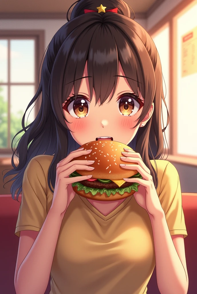 Make an anime style woman. Now make her eat burgers. She notices that I&#39;ve gained 5 kg but she doesn&#39;t care. 


 

