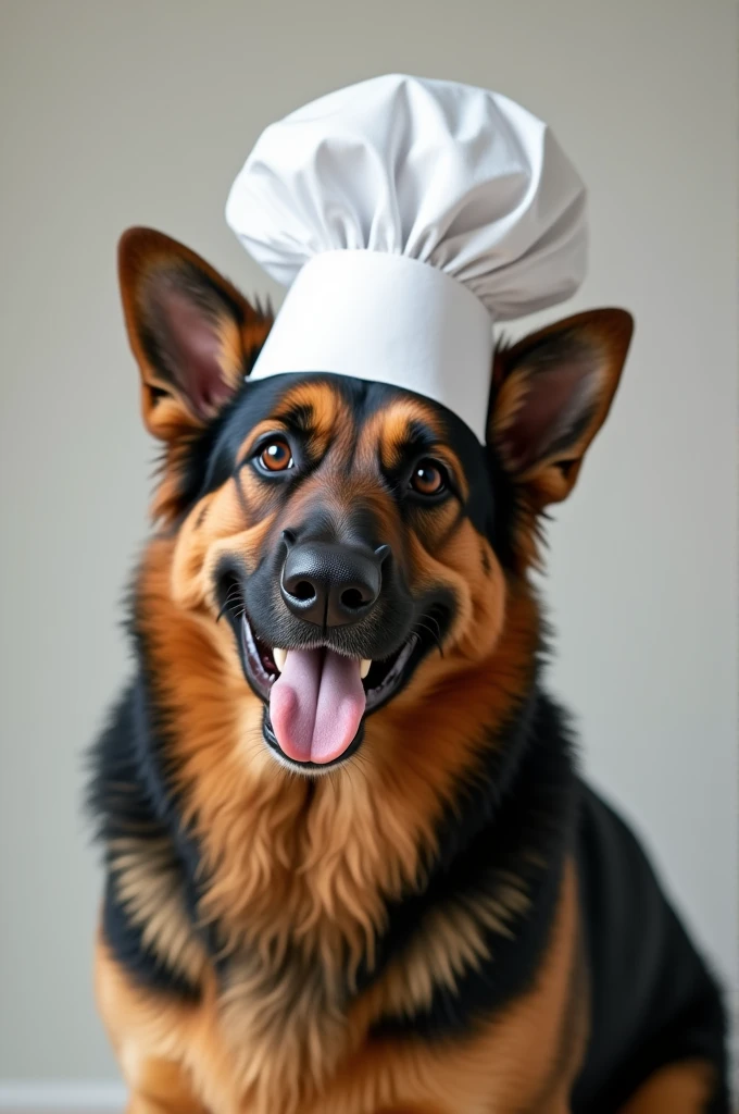 A smiling German Shepherd dog with a chef&#39;s hat 