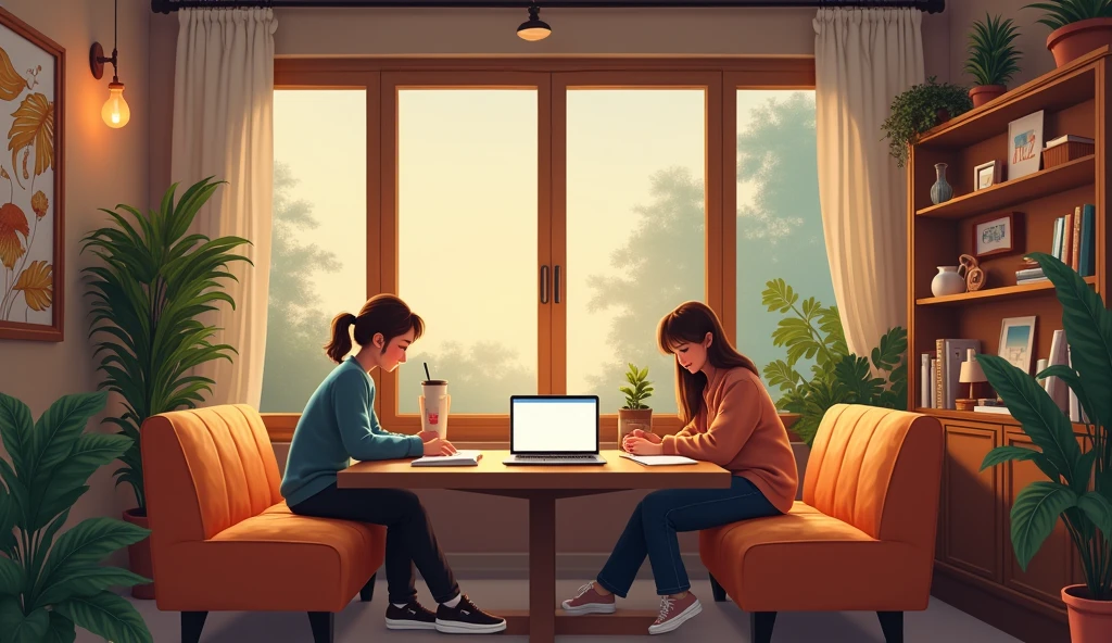 Make an illustration of a coffee shop, a place full of tranquility., and there is a laptop on the table playing music