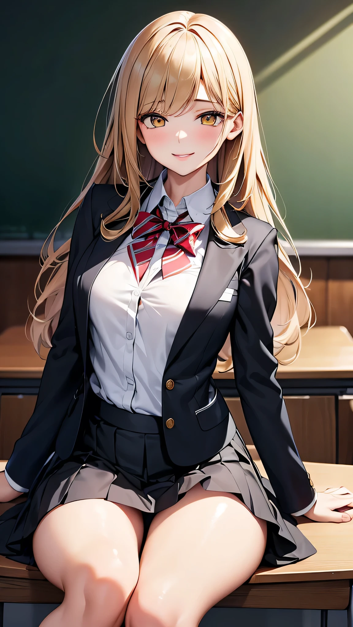 4K resolution,((Highest quality)),Ultra-high resolution,young woman, alone, sexy, (A fleeting smile), (Pale yellow eyes), Beautiful and symmetrical face, (Brown set long hair),Blazer uniform,Dress shirt,Pleated mini skirt,Knee-high socks,Realistic:1.4,Realistic:1.4,(masterpiece:1.2),Perfect Eyes,Perfect Eyes,Perfect Legs,Open your legs a little,classroom,(Fellatio gestures:1.1),(Open your mouth:1.2)