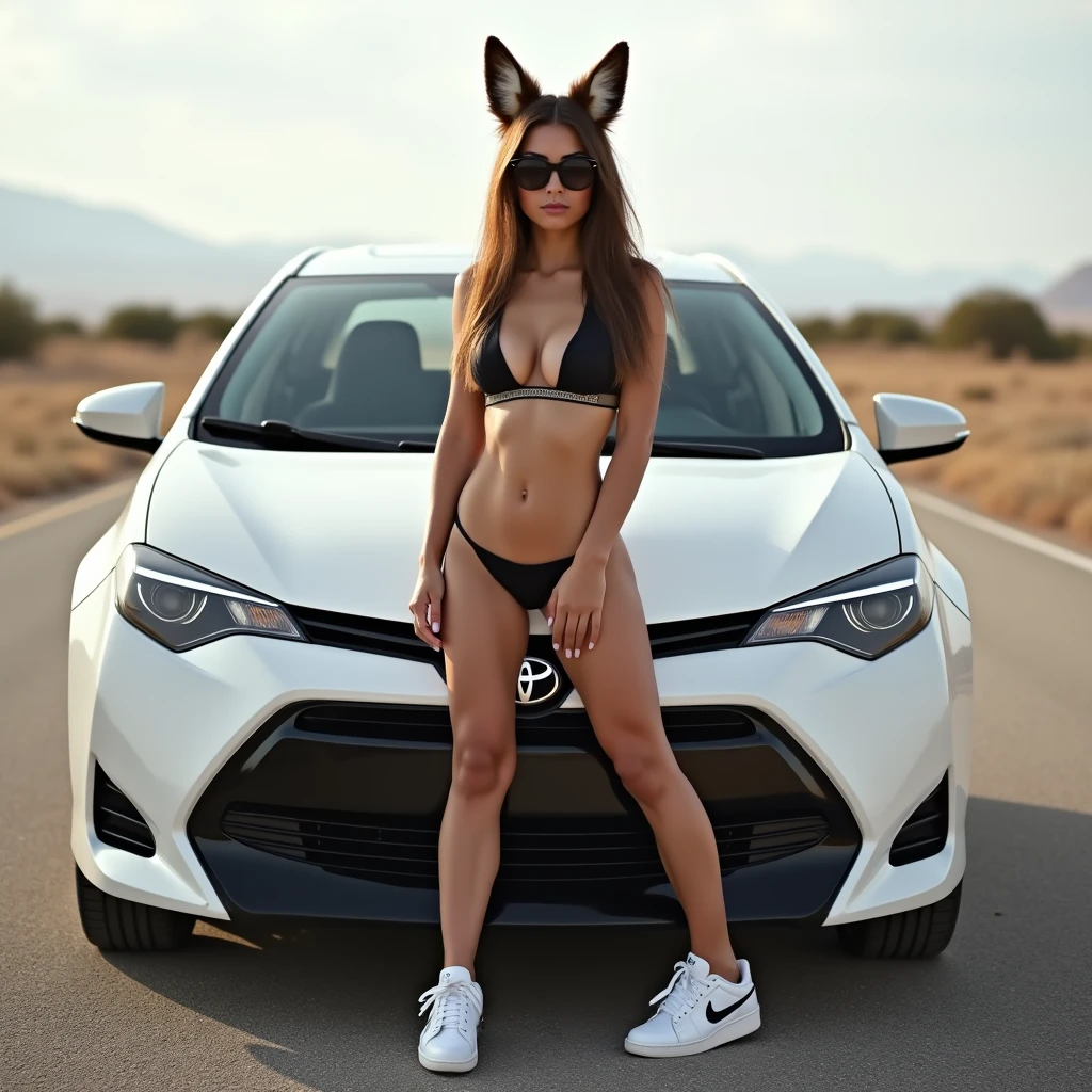 woman, 21 years, athletic body, White skin, Brown hair, huge breasts, huge buttocks, athletic legs, open legs, dark sunglasses, nude, tennis Nike, fox ears, posing in front of a white 2016 toyota corolla car, in the middle of a deserted road, Photo taken with Canon EOS 5DS